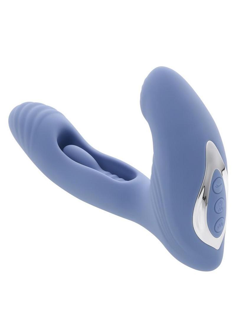 Gender X Flapjack Rechargeable Silicone Vibrating Dildo With Clitoral Stimulator - Blue